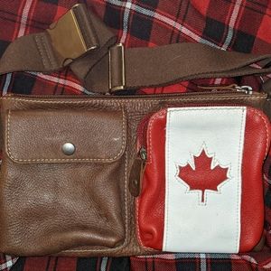 Roots belt leather bag with a Canadian flag